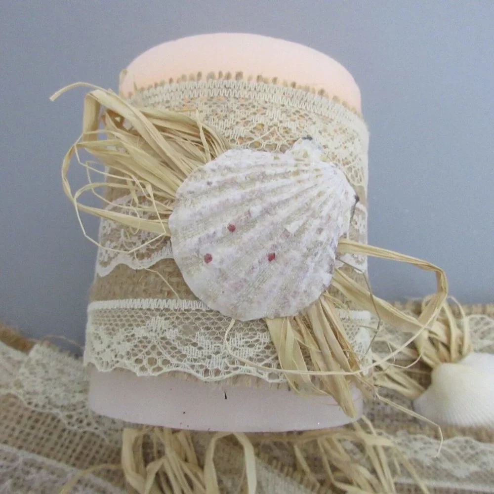 Beach Wedding/Party/Decor Rustic Candle Wraps Burlap Lace Raffia Shell Set of 5